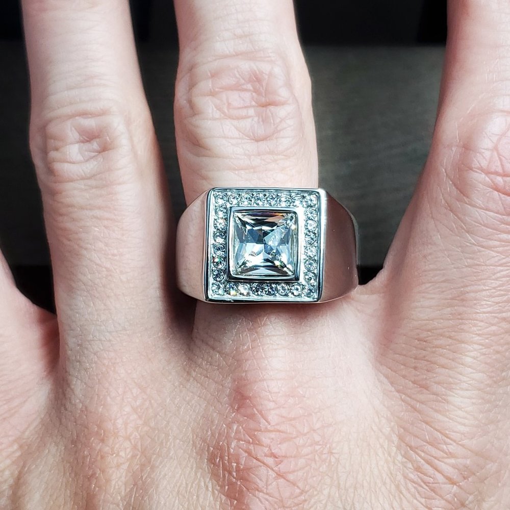 Size 12.5 Stainless Steel Clear Crystals Heavy Band Ring